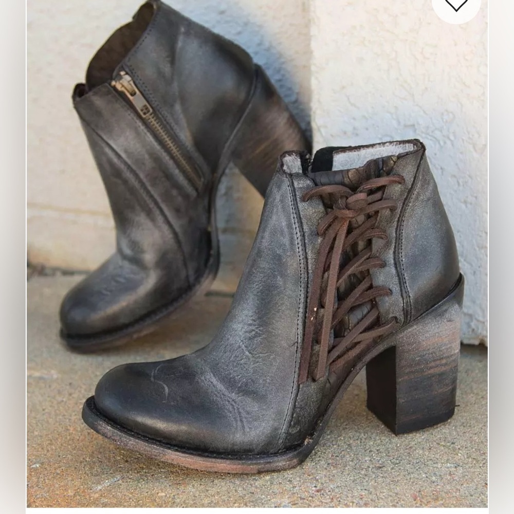 Women’s Distressed Gray Leather Lace-Back Block Heel Ankle Boots